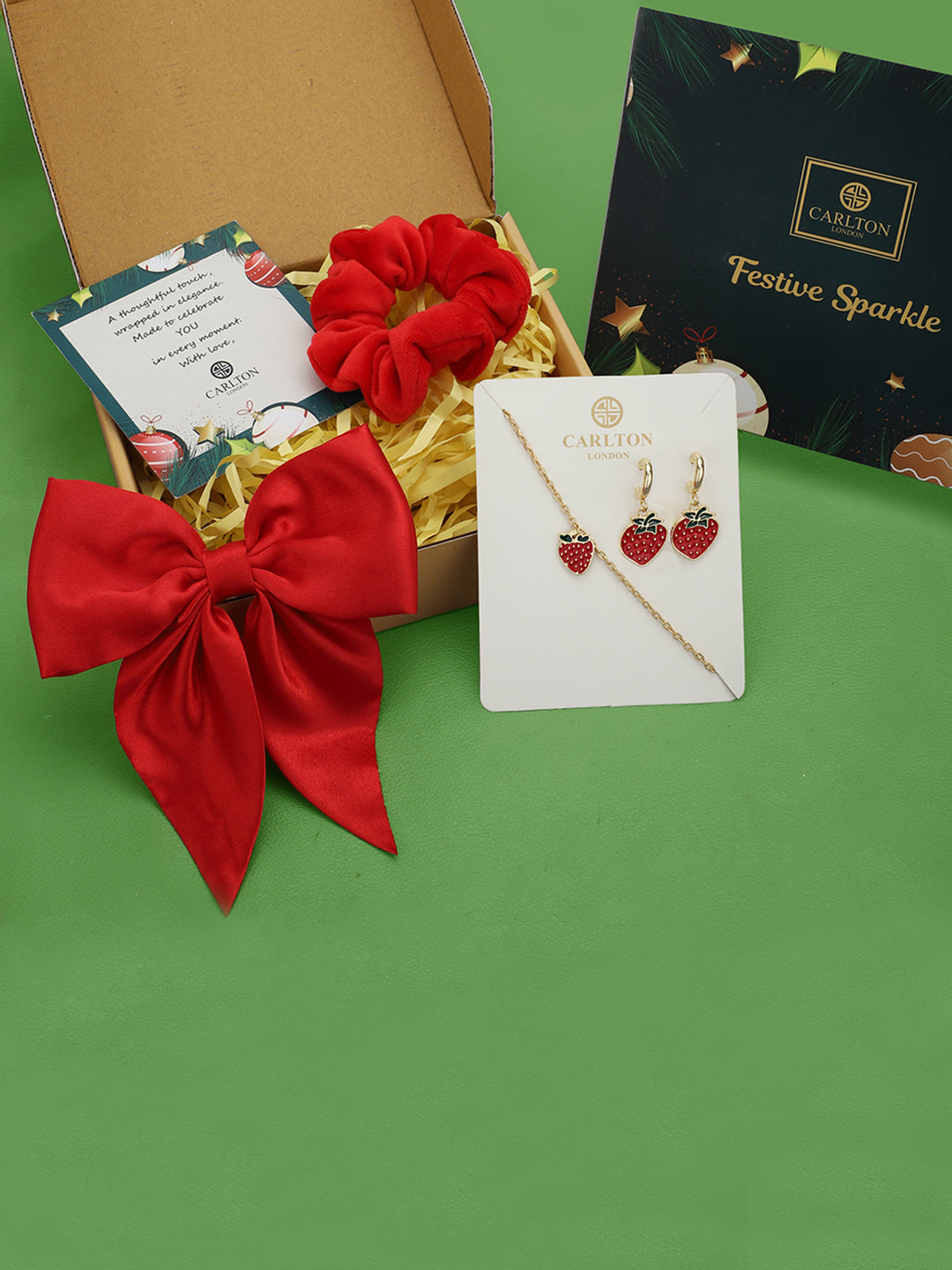 Red Luxe Kids Gift Box Cherry Charm Bracelet & Cherry Drop Earrings, Red Bow Clip & Velvet Scrunchies Set
