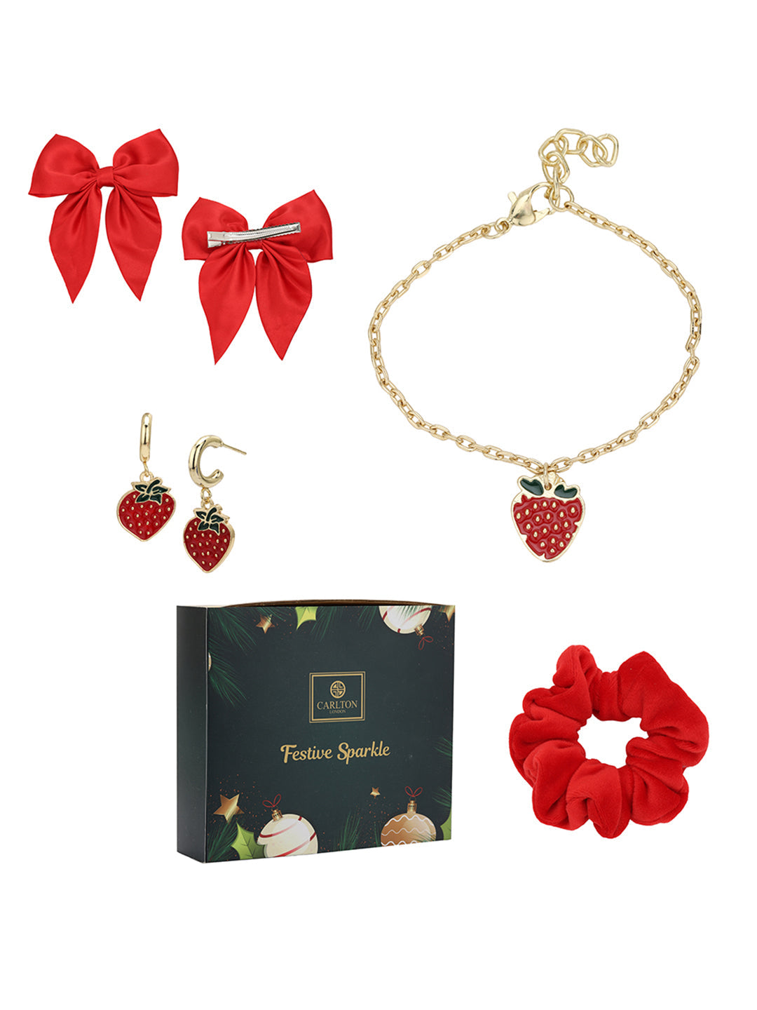 Red Luxe Kids Gift Box Cherry Charm Bracelet & Cherry Drop Earrings, Red Bow Clip & Velvet Scrunchies Set
