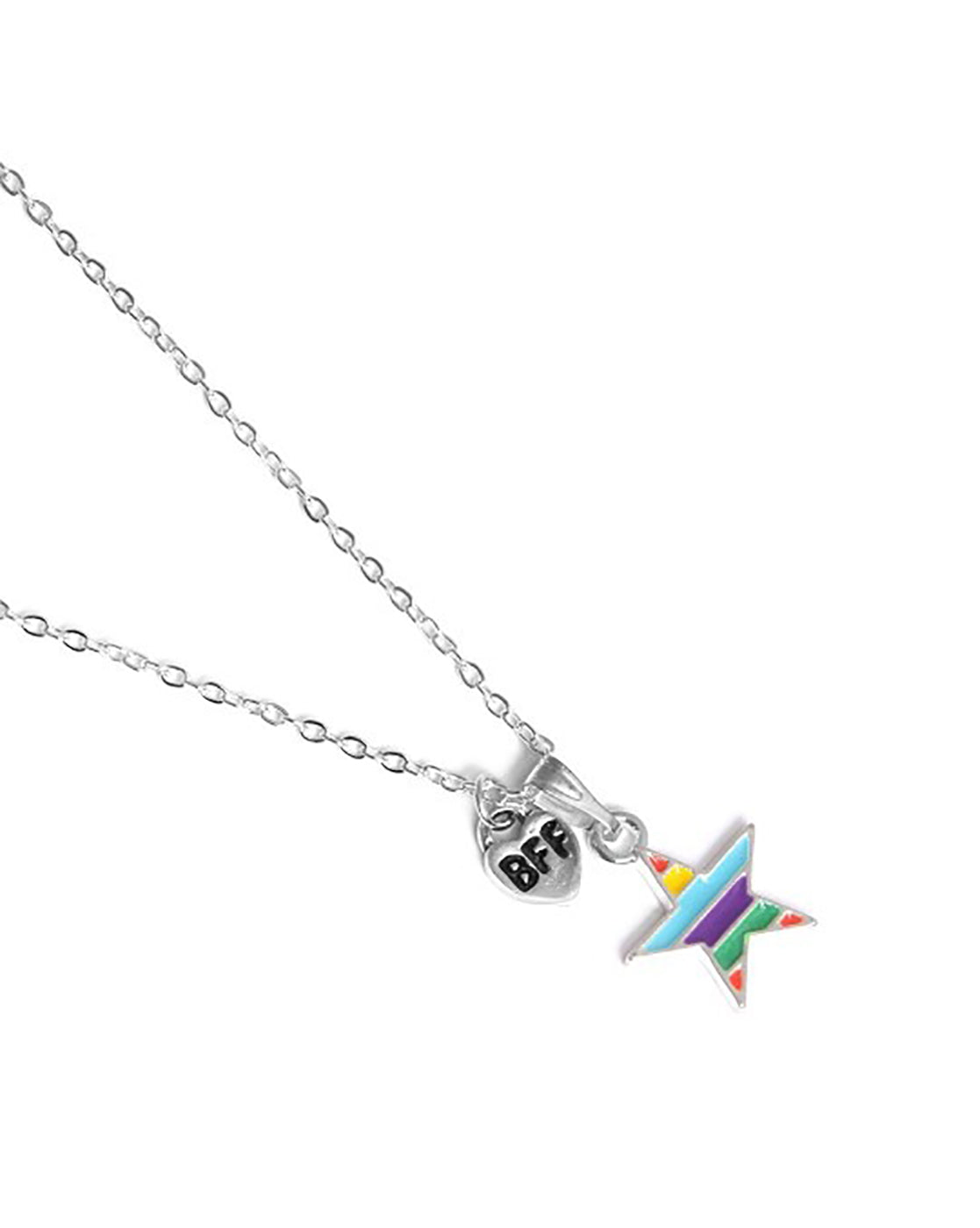 GenZ Silver Plated Rainbow and Star Engrave BFF Enamel Pendant Necklace Set of 2 for Girls