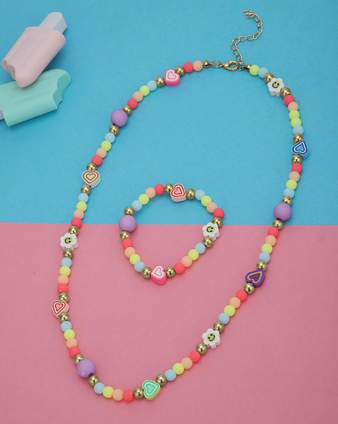 Gold Plated Colorful Beads and Heart Kids Jewellery Set for Girl
