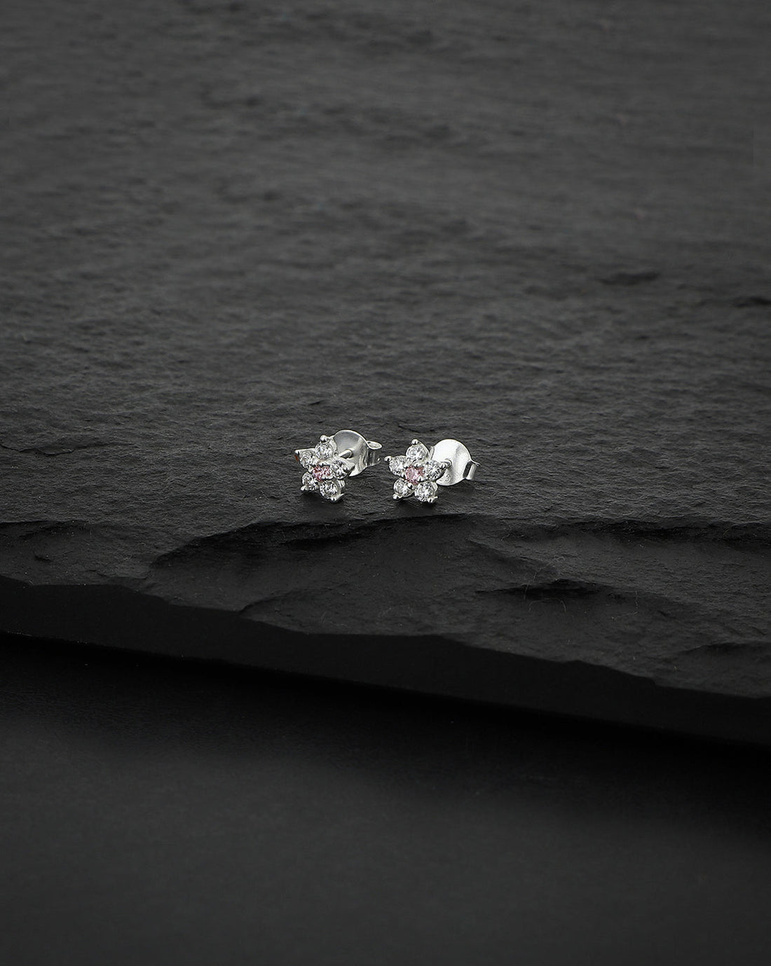 Carlton London Pink 925 Sterling Silver Rhodium Plated Cz Floral Stud Earring