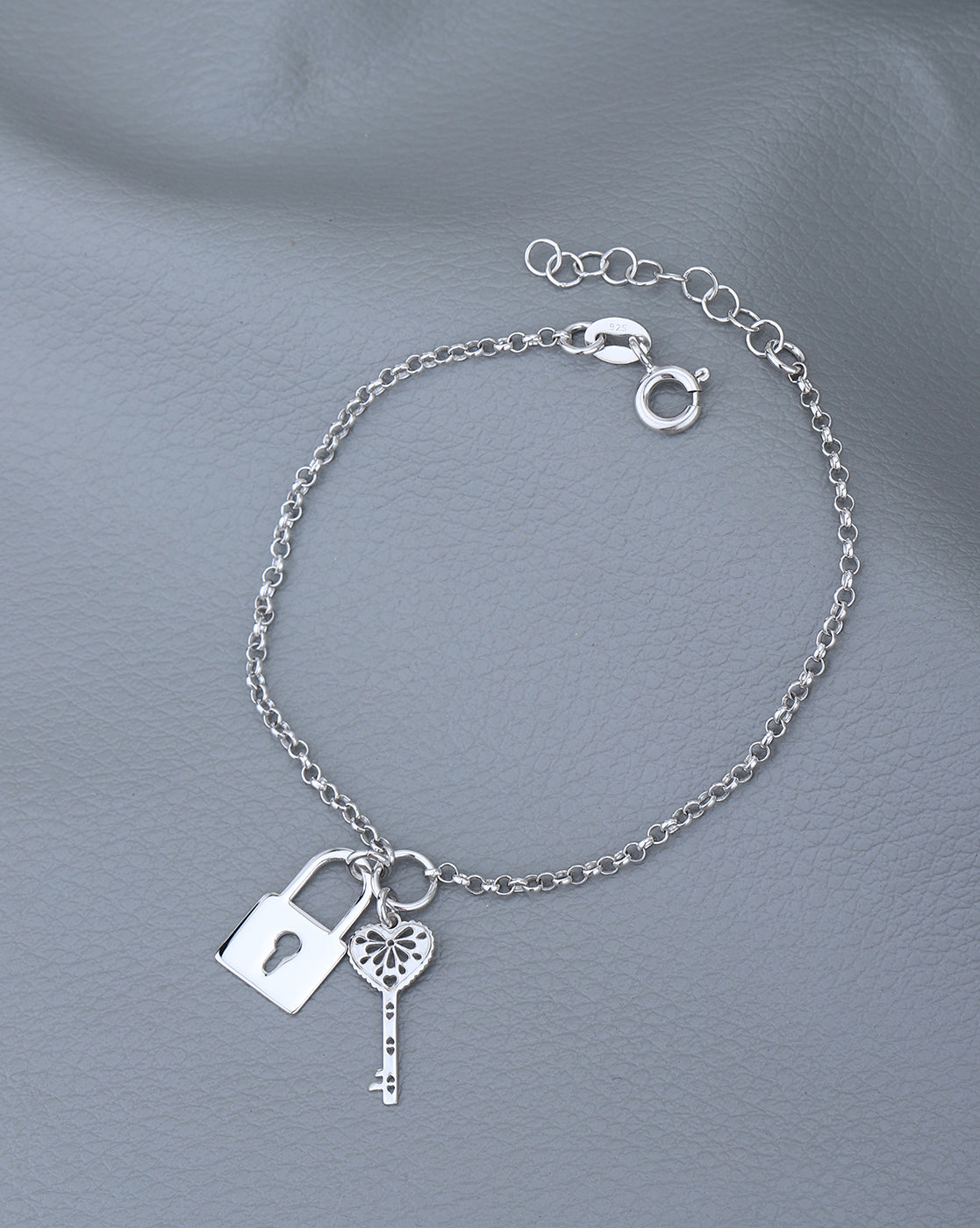 925 Sterling Silver Rhodium Plated with Key and Lock Charm Bracelet for women