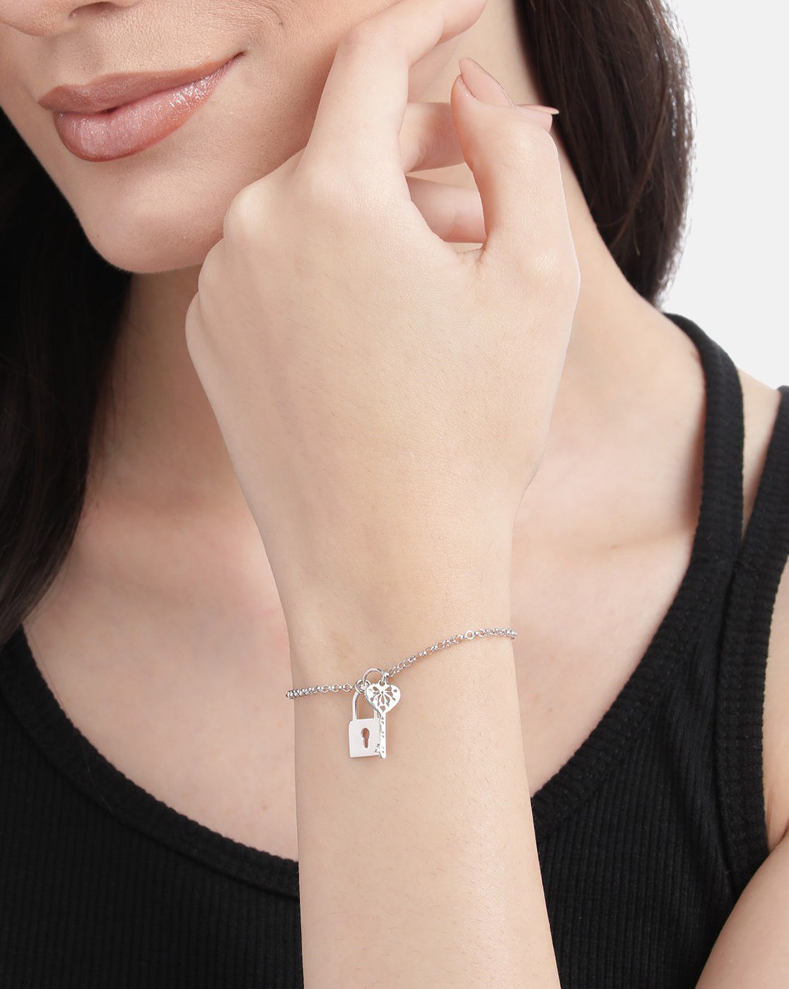925 Sterling Silver Rhodium Plated with Key and Lock Charm Bracelet for women