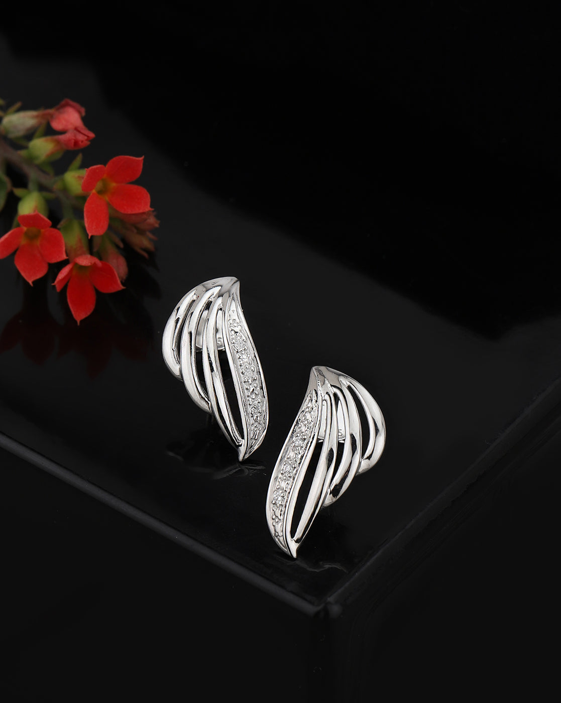 925 Sterling Silver Rhodium Plated CZ Leaf Drop Earring