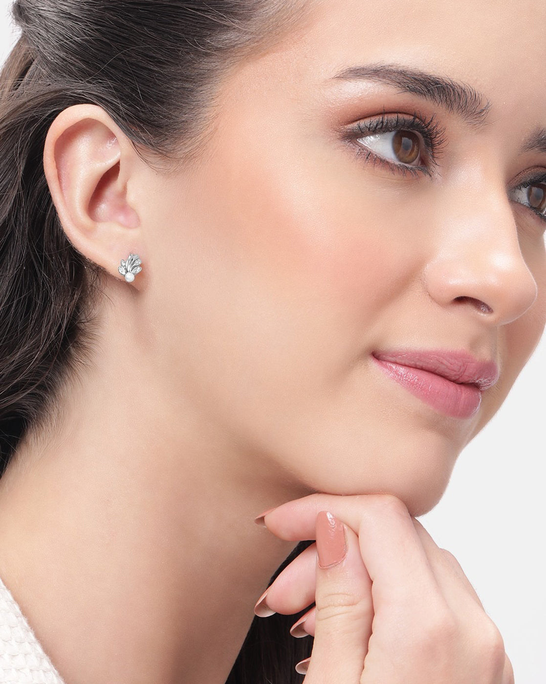 925 Sterling Silver Rhodium Plated CZ and Pearl Fancy Stud Earring