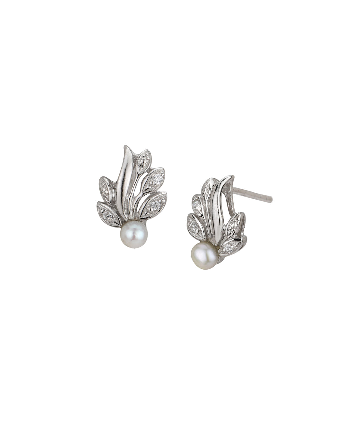 925 Sterling Silver Rhodium Plated CZ and Pearl Fancy Stud Earring