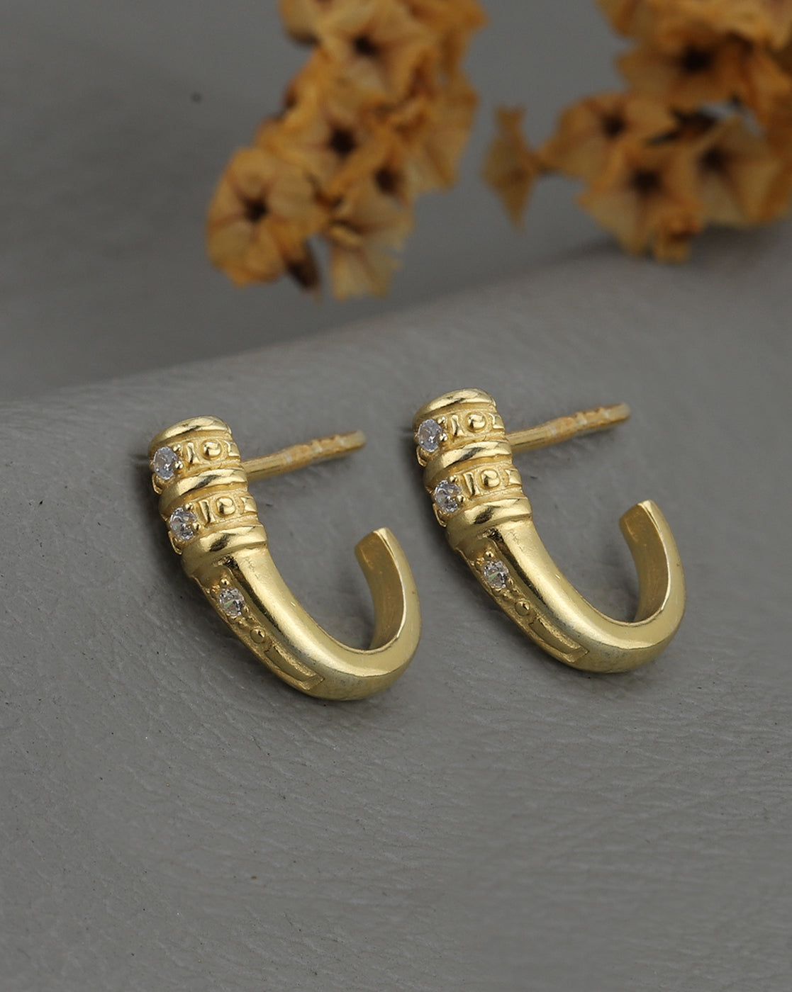 925 Sterling Silver 18kt Gold Plated CZ Contemporary Half Hoop Earring