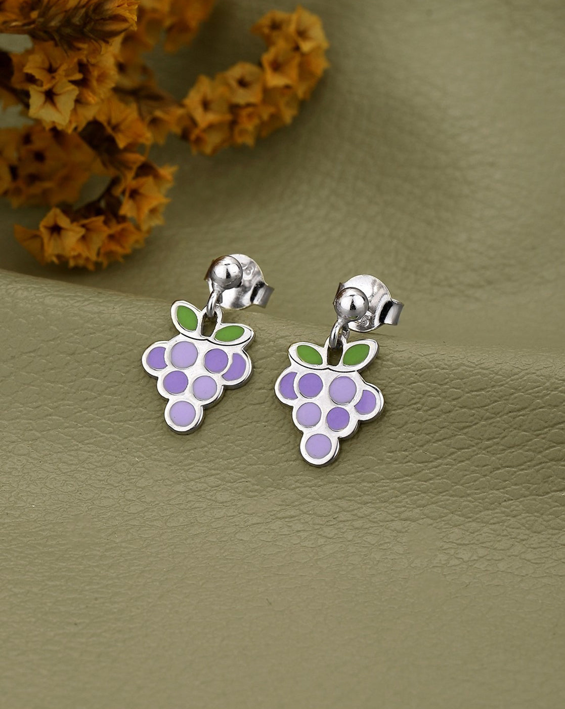 925 Sterling Silver Rhodium Plated with Green & Purple Enamel Grape Drop Earring
