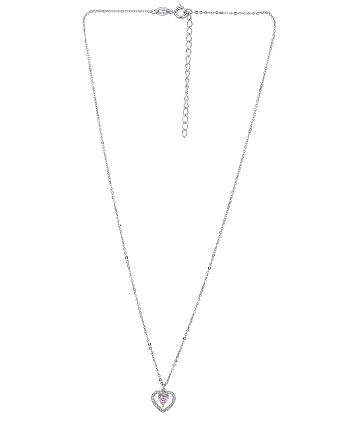 925 Sterling Silver Rhodium Plated Dangling Solitaire in Heart Pendant and Chain