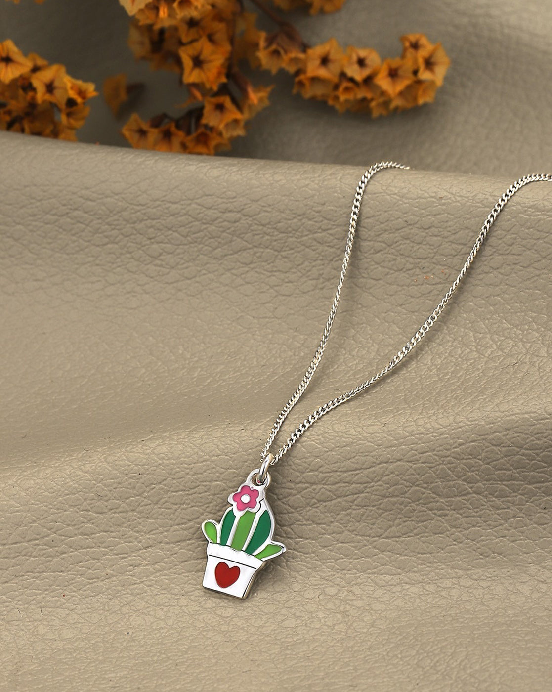 925 Sterling Silver Rhodium Plated Enamel Cactus in a Pot Necklace