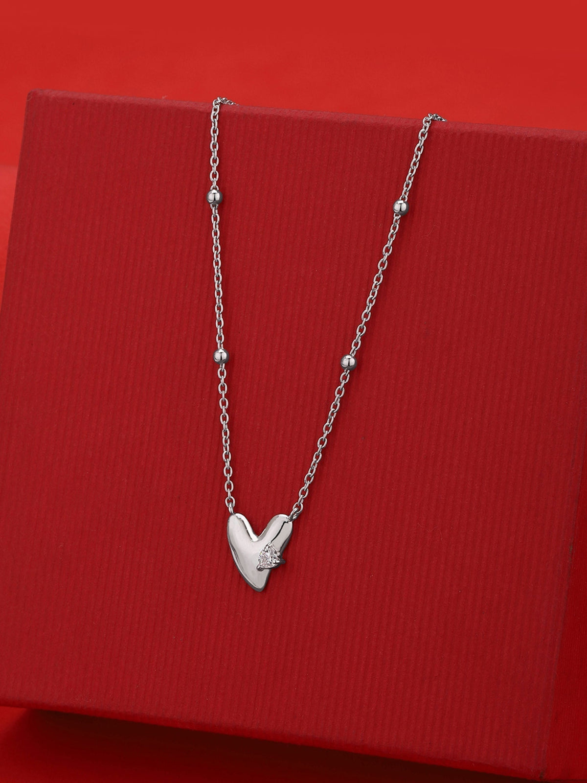 925 Sterling Silver Rhodium Plated CZ Heart Necklace