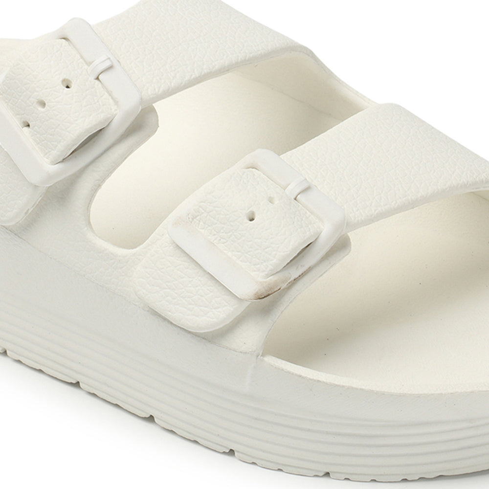 Women Solid Double Buckle Platform Slides