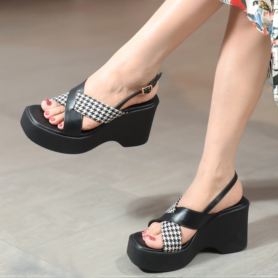 Women Black Printed Platform Heel Party Wear Sandals