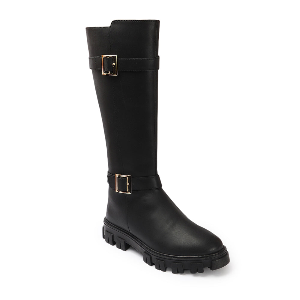 Women Block-Heeled Buckle Detail Winter Long  Boots