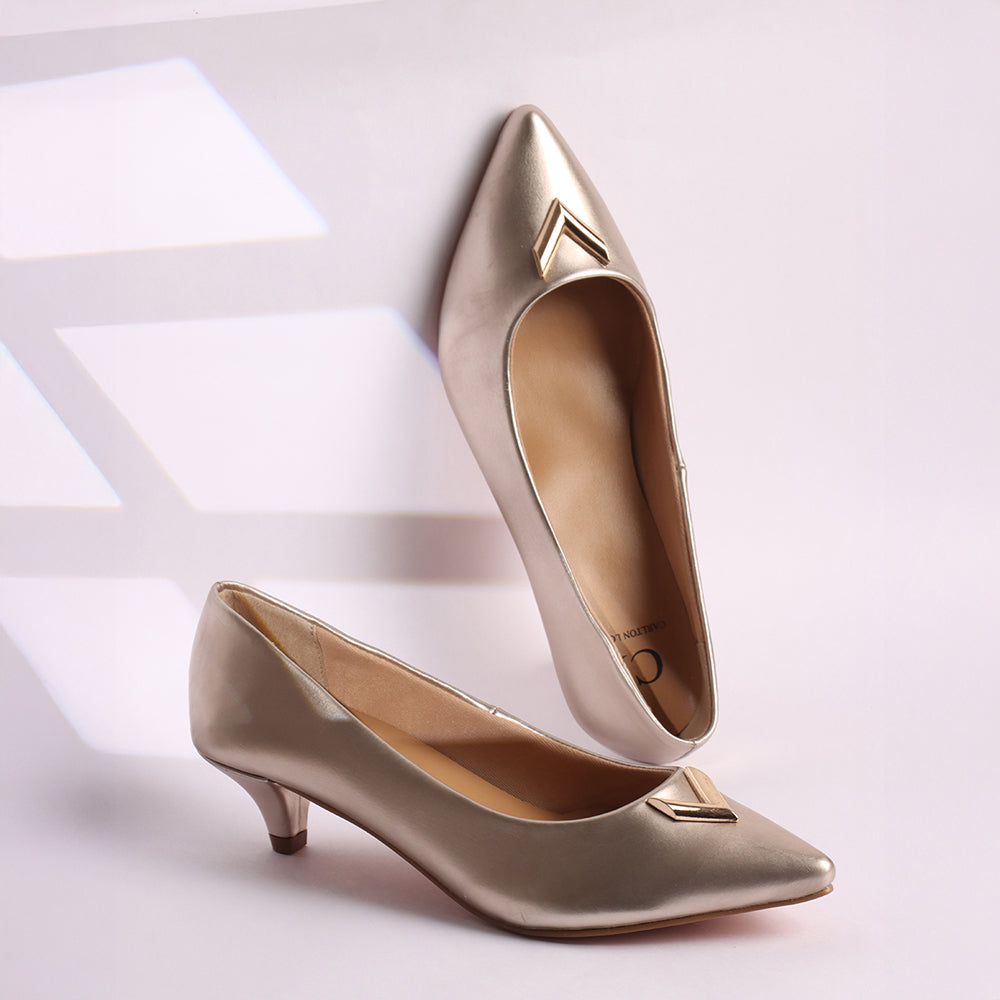 Metallic Gold Pointed Toe Kitten Heel Pumps