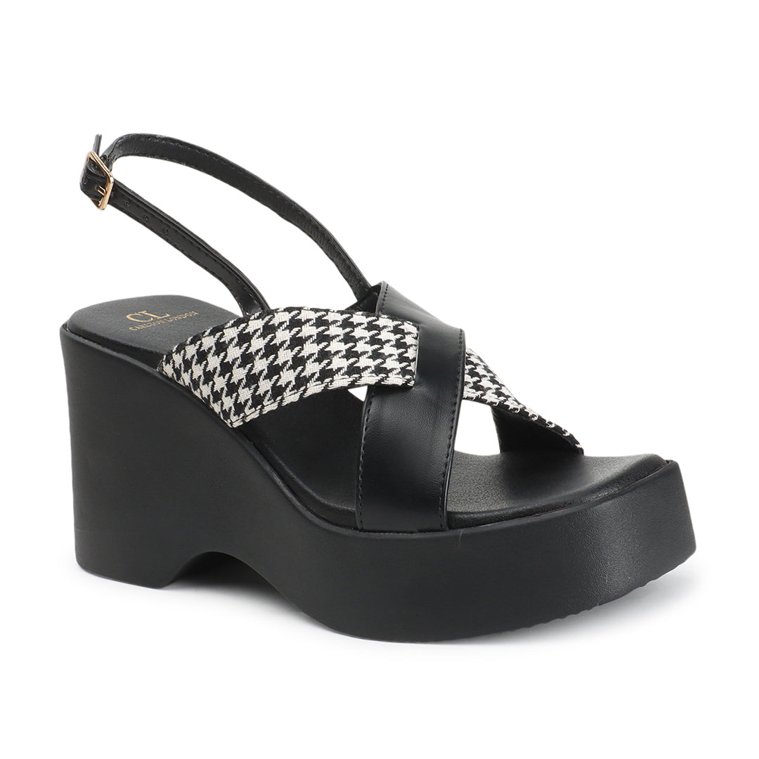 Women Black Printed Platform Heel Party Wear Sandals