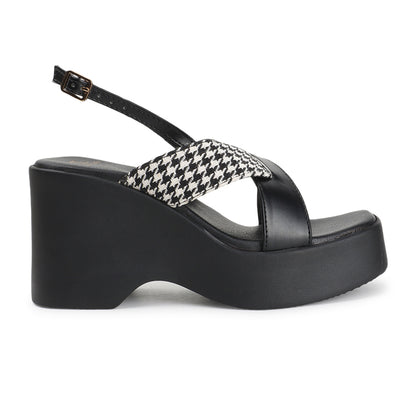 Women Black Printed Platform Heel Party Wear Sandals