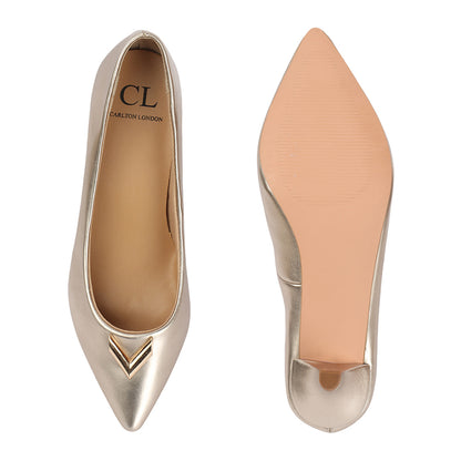 Metallic Gold Pointed Toe Kitten Heel Pumps
