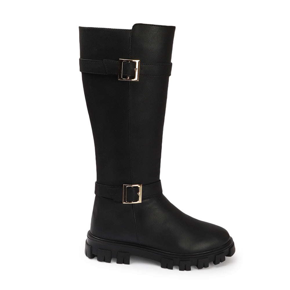 Women Block-Heeled Buckle Detail Winter Long  Boots