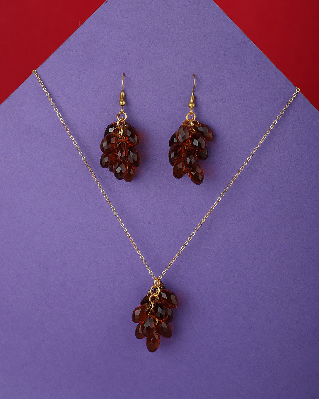 Gold-Plated Red Crystal Bead Necklace & Earrings Set