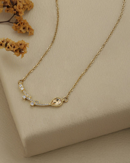 Gold Plated CZ Studded and Citrine Yellow Solitaire Contemporary Necklace
