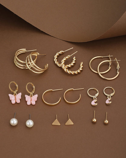 Set of 9 Gold Plated Pearl Butterfly-Crescent Moon Enamel Twisted Hoop and Stud Multipack Earring