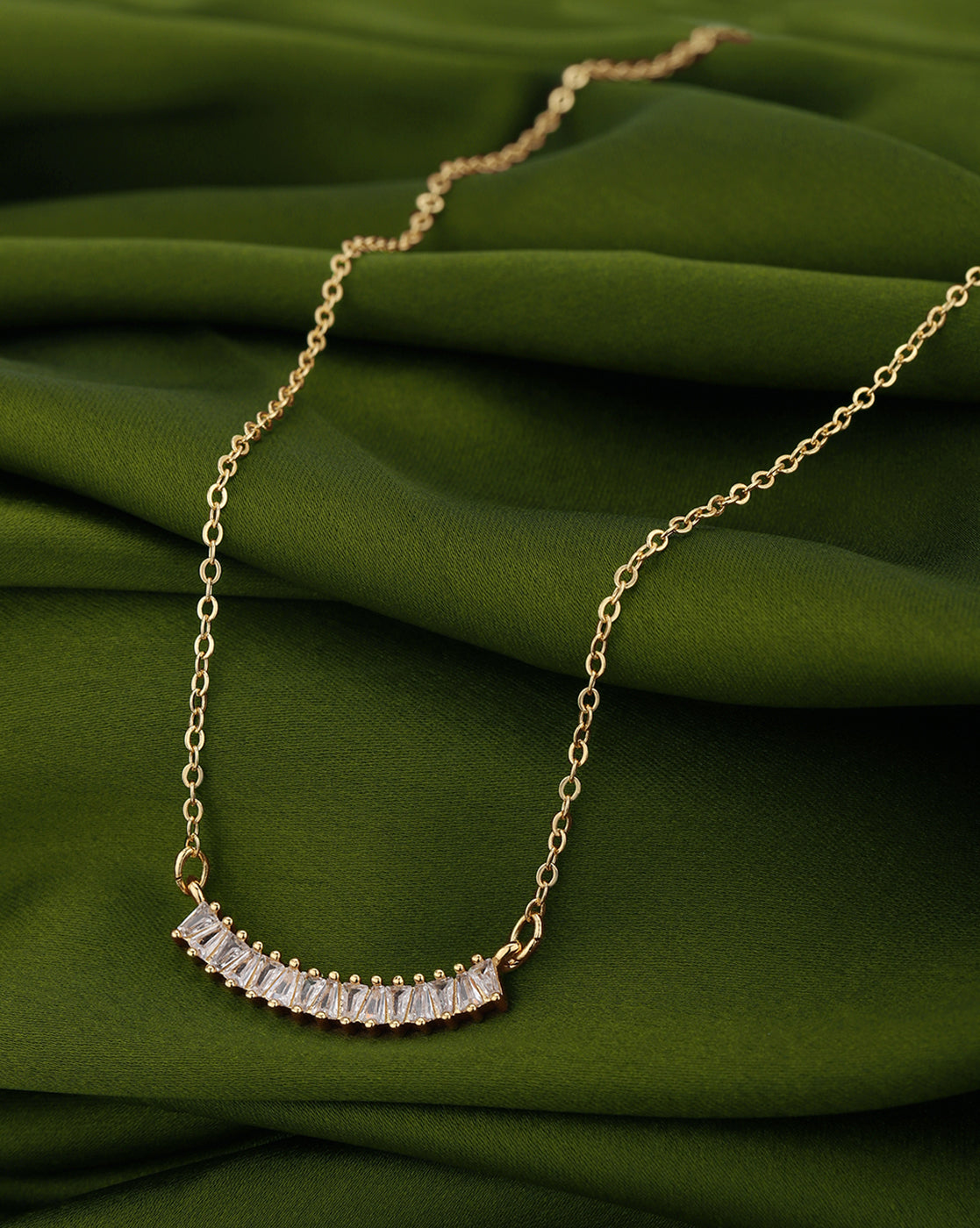 Gold Plated Designer Tapered Baguette Studded Curved Bar Necklace