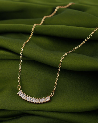 Gold Plated Designer Tapered Baguette Studded Curved Bar Necklace