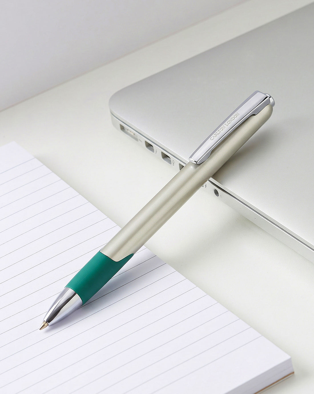 Silver & Teal Green Toned Smooth Ink Clicker Botton Writing Ball Pen with Grip and Fine Tip