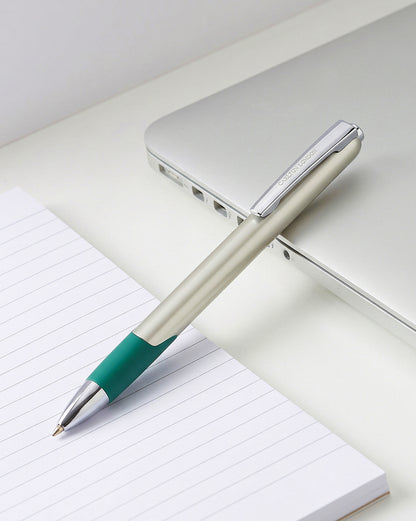 Silver &amp; Teal Green Toned Smooth Ink Clicker Botton Writing Ball Pen with Grip and Fine Tip