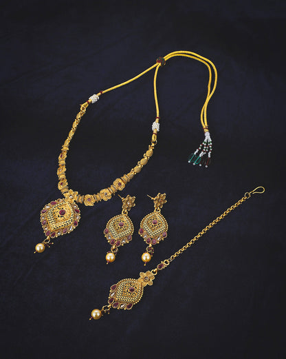 Gold Plated Festive CZ Filigree Necklace, Earring and Maang Tika Set