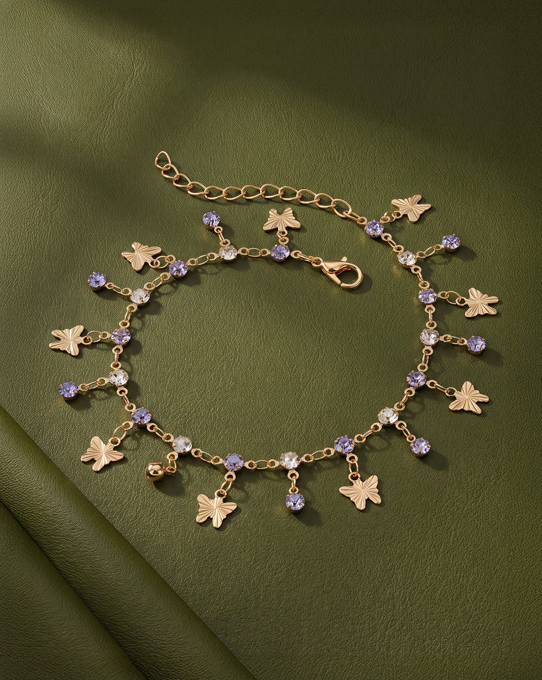 Rose Gold Plated CZ and Amethyst Purple Solitaire Butterfly Charm Anklet