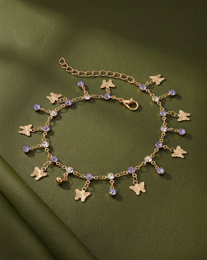 Rose Gold Plated CZ and Amethyst Purple Solitaire Butterfly Charm Anklet