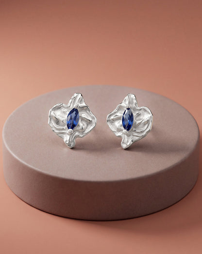 Rhodium Plated CZ Sapphire Blue Studded Contemporary Petite Stud Earring