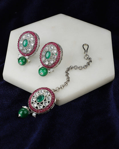Silver Plated Emerald Green &amp; Ruby Pink Stone Maang Tikaa and Earring Set