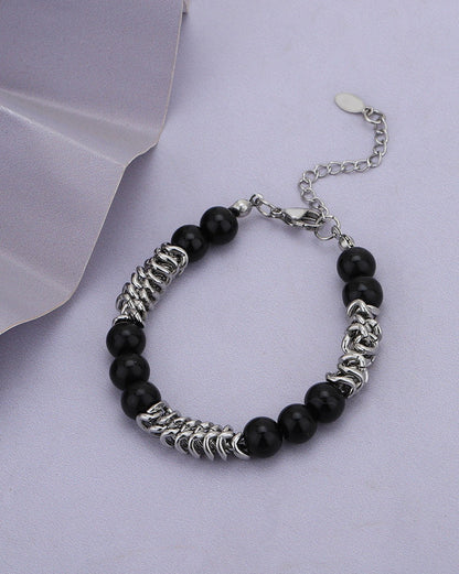 Men Silver Plate  Black Onyx  Bead  Adjustable Bracelet