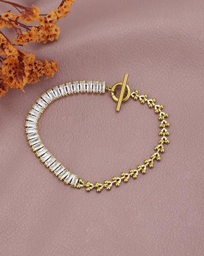 Gold Plated Fancy Half-n-Half Baguette CZ &amp; Fancy Link Chain Toggle Designer Bracelet