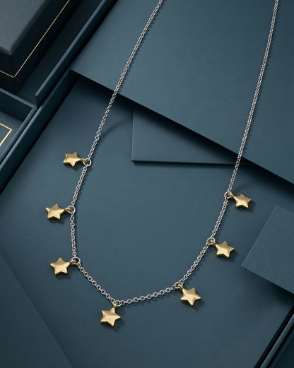 18kt Gold &amp; Rhodium Plated Dual Tone Dangling Star Charm Necklace