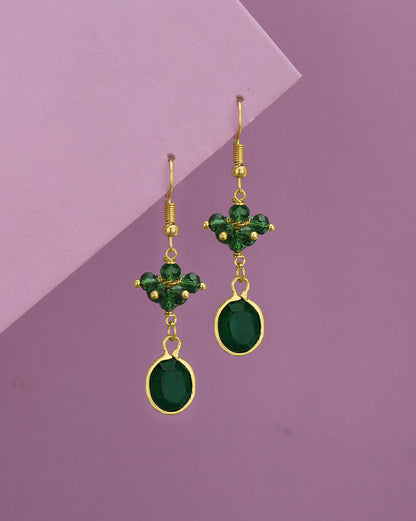 Gold Plated Green Crystal Studded Contemporary Oval Drop Earring