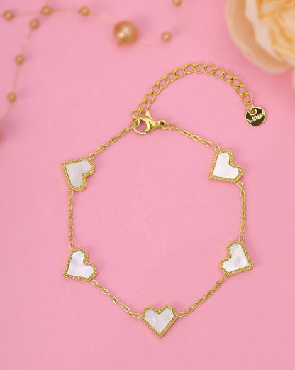 18kt Gold Plated Faux Pearl Multi Heart Charm Adjustable Bracelet