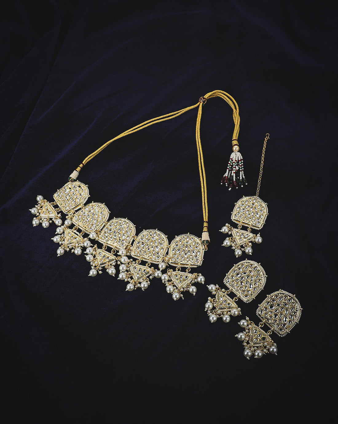 Gold-Plated Kundan Pearl Choker, Earrings & Maang Tika Set