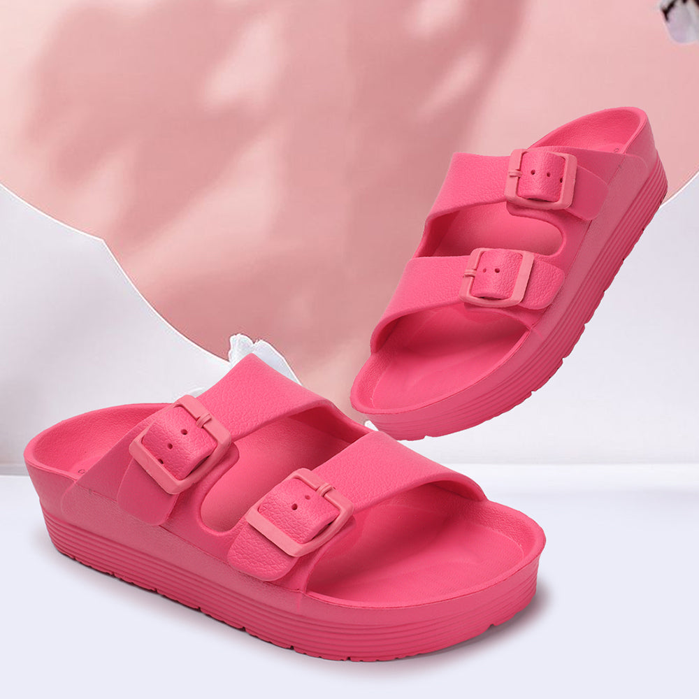 Women Solid Double Buckle Platform Slides
