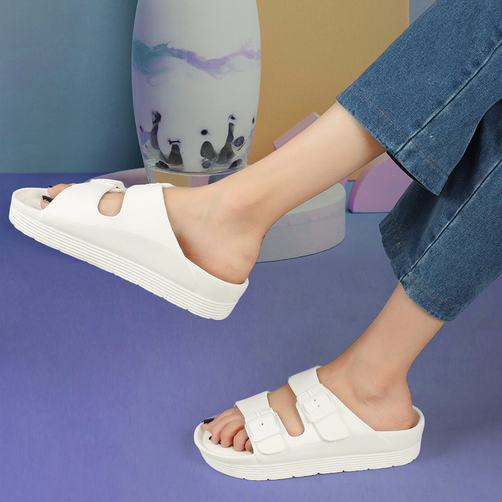Women Solid Double Buckle Platform Slides