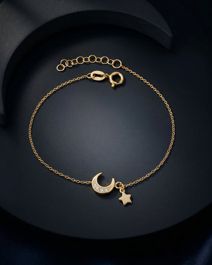 925 Sterling Silver 18kt Gold Plated CZ Moon and Star Charm Bracelet