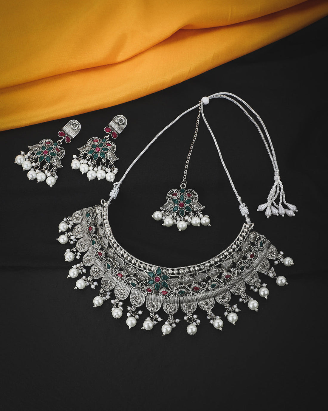 Silver Plated Oxidised Pearl & Red Green Stone Studded Jewellery Set