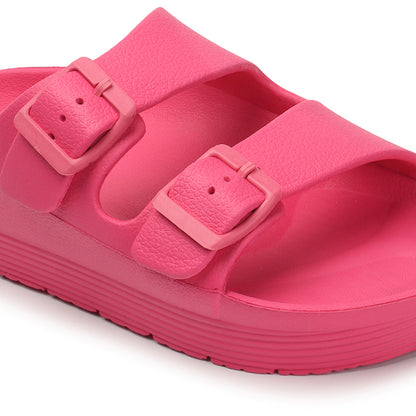 Women Solid Double Buckle Platform Slides