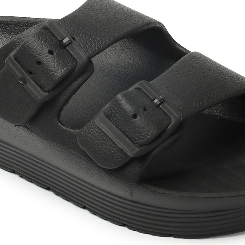 Women Solid Double Buckle Platform Slides