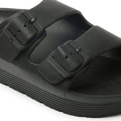 Women Solid Double Buckle Platform Slides