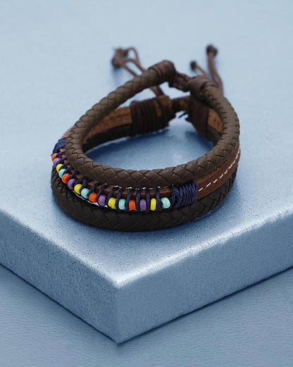 Men Set of 2 Braided Multistrand Adjustable Faux Leather Bracelet
