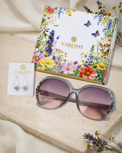 Women Grey Toned UV Protected Sunglasses &amp; Rhodium Plated Solitaire Drop Earring Set